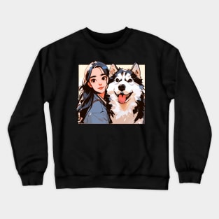 Anime girl with her husky friend Crewneck Sweatshirt